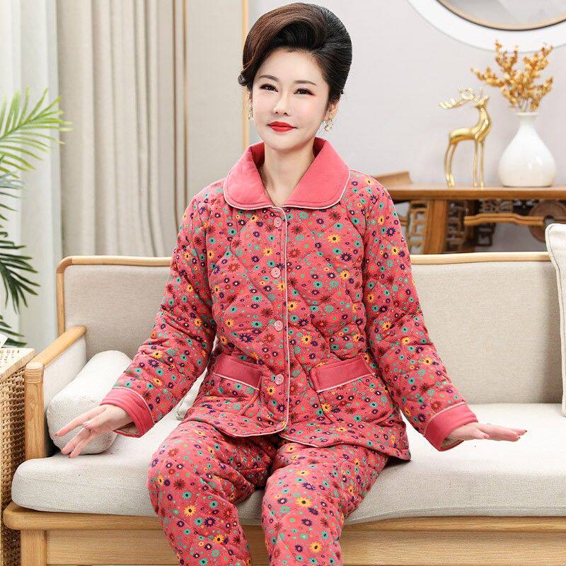 南极人纯棉三层加厚夹棉袄睡衣女冬季中年妈妈大码婆婆家居服套装
