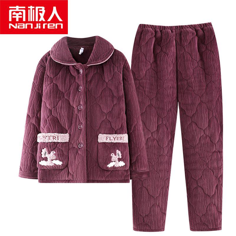 南极人中老年妈妈冬季珊瑚绒夹棉睡衣女老人加厚加绒大码家居服冬