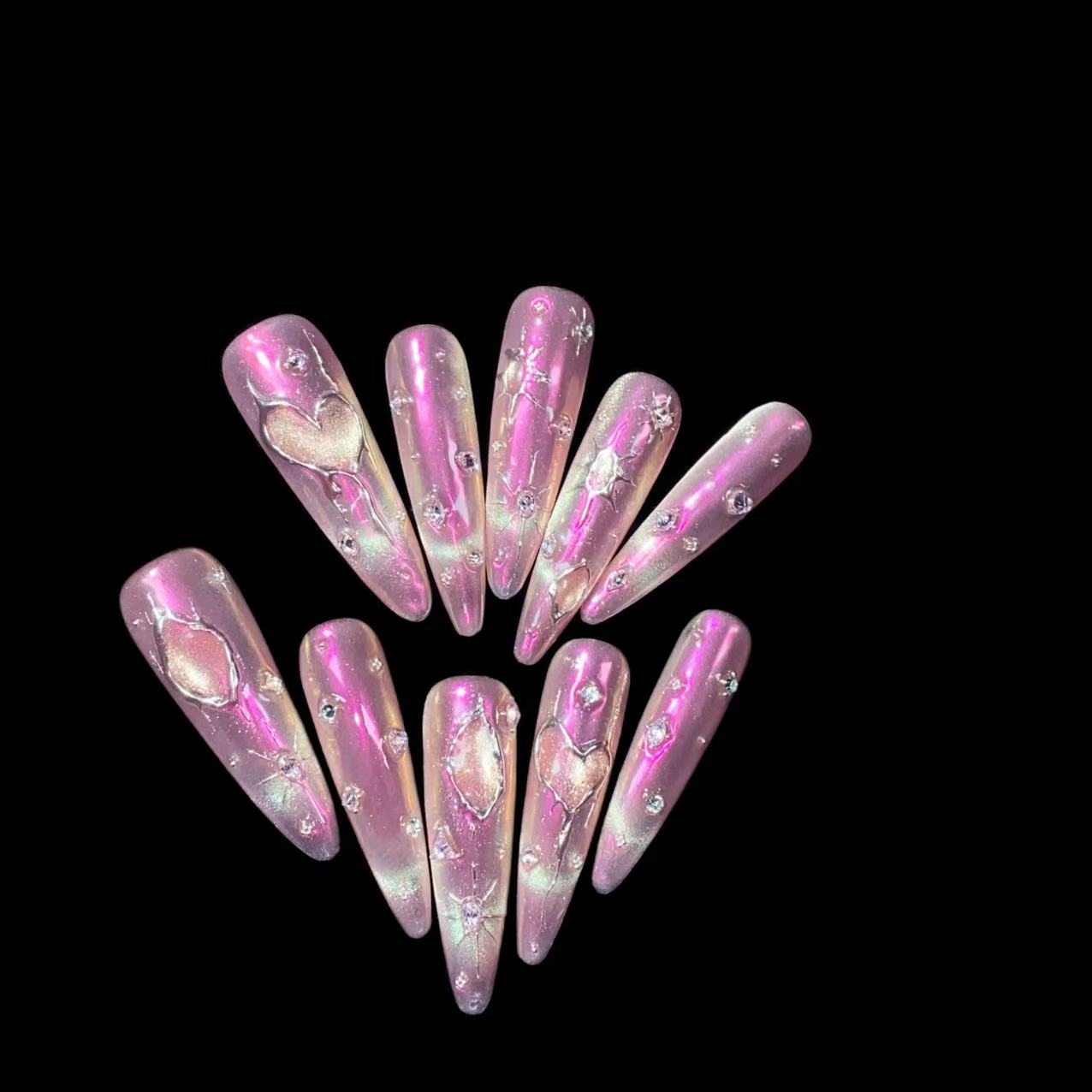 玫粉天菜手绘猫眼穿戴甲