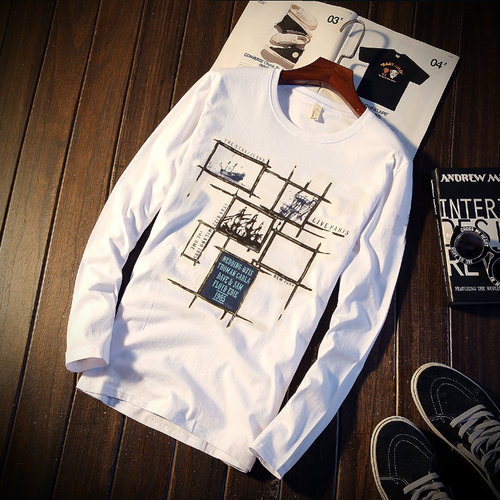 新款圆领T恤打底衫男士长袖纯棉