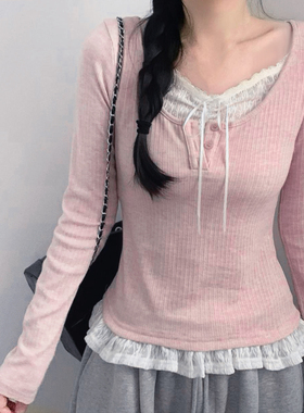 HEYOUNGIRL纯欲甜妹蕾丝拼接蝴蝶结假两件长袖秋气质百搭显瘦上衣