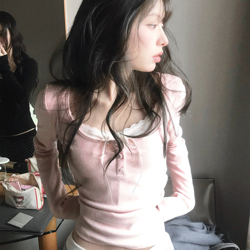 纯欲少女假两件蝴蝶结花边长袖女