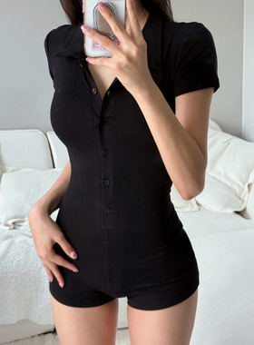 HEYOUNGIRL轻欧美辣妹排扣POLO领连体衣裤性感百搭黑色短袖上衣女