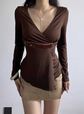 HEYOUNGIRL复古美拉德亮片拼接低胸不规则长袖潮辣妹百搭收腰上衣