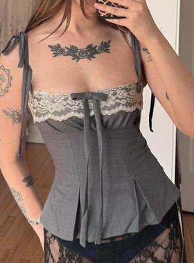 HEYOUNGIRLmiu系少女蕾丝拼接蝴蝶结系带背心纯欲灰色无袖上衣