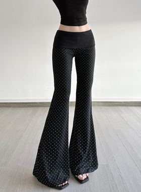 HEYOUNGIRL简约系撞色拼接波点黑色微喇长裤通勤百搭修身休闲裤女