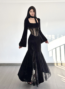 HEYOUNGIRL黑曜女神蕾丝拼接喇叭袖连衣裙优雅收腰包臀黑色长裙秋