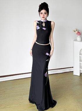 HEYOUNGIRL新中式紫色花卉印花旗袍领背心直筒黑色长裙国风套装女