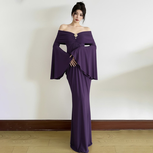 HEYOUNGIRL希腊神女一字肩喇叭袖紫色连衣裙气质优雅显瘦包臀长裙