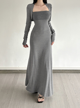 HEYOUNGIRL御姐感撞色条纹拼接抹胸连衣裙灰色长袖开衫辣妹两件套