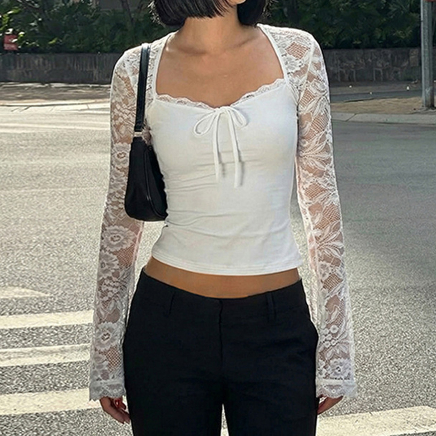 HEYOUNGIRL美式街头辣妹蕾丝花边蝴蝶结长袖T恤气质透视显瘦上衣