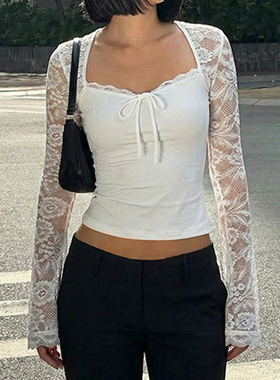 HEYOUNGIRL美式街头辣妹蕾丝花边蝴蝶结长袖T恤气质透视显瘦上衣