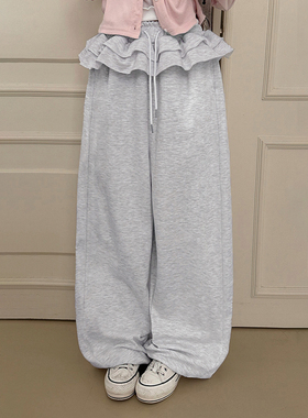 HEYOUNGIRL简约休闲风系带蛋糕屁帘休闲裤百搭宽松显瘦灰色长裤女