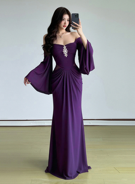 HEYOUNGIRL黎明之歌纯色一字肩喇叭袖连衣裙优雅收腰显瘦礼服长裙