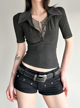 HEYOUNGIRL高智感蕾丝拼接撞色POLO领短袖T恤百搭修身灰色上衣女