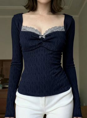 HEYOUNGIRL韩系chill风复古肌理感蝴蝶结蕾丝长袖T恤百搭纯色上衣