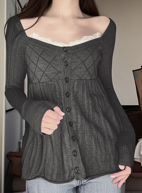HEYOUNGIRL日系少女蕾丝拼接排扣深灰色毛衣百搭收腰方领毛织上衣