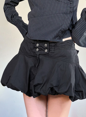 HEYOUNGIRL辣妹简约休闲风黑色花苞半裙通勤百搭宽松显瘦A字短裙