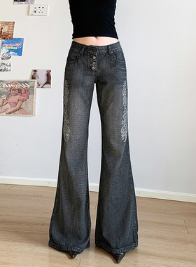 HEYOUNGIRL复古街头感刺绣印花水洗牛仔裤百搭显瘦微喇深灰色长裤