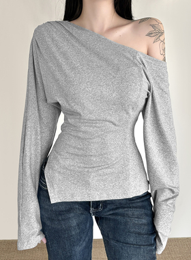 HEYOUNGIRL简约风不对称设计开叉斜肩上衣百搭修身灰色长袖T恤女