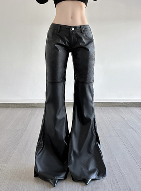 HEYOUNGIRL酷拽特工口袋拼接低腰黑色皮裤辣妹百搭修身显瘦微喇裤