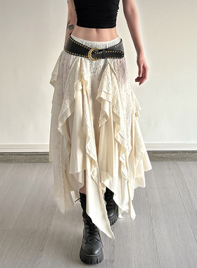 HEYOUNGIRL流浪废土风蕾丝拼接不规则半身裙复古百搭高腰显瘦长裙