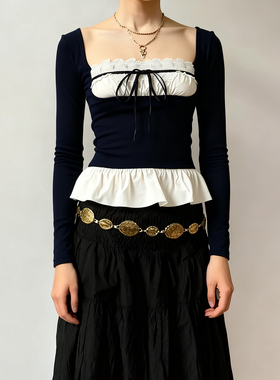 HEYOUNGIRL韩系甜美纯欲撞色花边拼接假两件长袖T恤百搭显瘦上衣