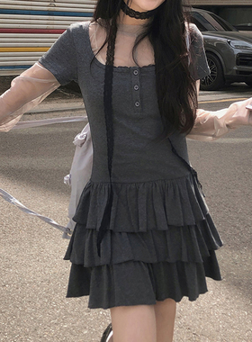 HEYOUNGIRL韩系简约半开扣方领短袖连衣裙气质收腰灰色蛋糕短裙夏