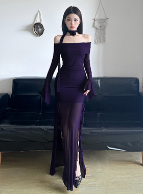 HEYOUNGIRL微醺玫瑰荷叶边开叉一字肩长袖连衣裙御姐性感紫色长裙