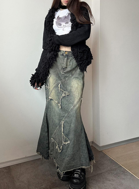 HEYOUNGIRL千禧辣妹复古Y2K洗水毛边牛仔半裙百搭时髦显瘦长裙女