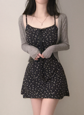 HEYOUNGIRL韩系温柔系带设计花边碎花吊带裙灰色小开衫纯欲套装夏