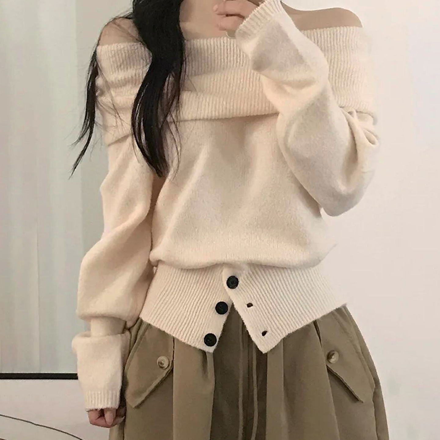 韩系温柔一字肩收腰毛织上衣