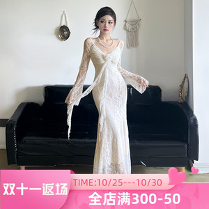 HEYOUNGIRL水仙精灵立体花卉蕾丝飘带长袖连衣裙气质收腰白色长裙