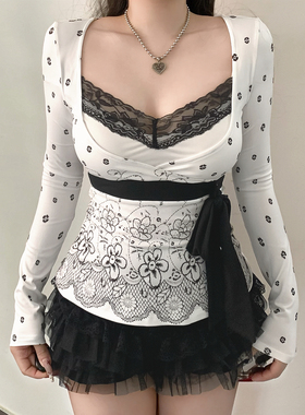 HEYOUNGIRL法式温柔蕾丝拼接花卉印花假两件上衣气质百搭绑带长袖