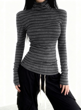 HEYOUNGIRL韩系简约撞色条纹高领针织衫百搭修身显瘦打底长袖上衣