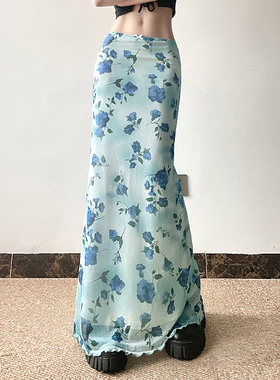 HEYOUNGIRL蓝色妖姬碎花蝴蝶结拼接网纱半身裙多巴胺百搭直筒裙夏