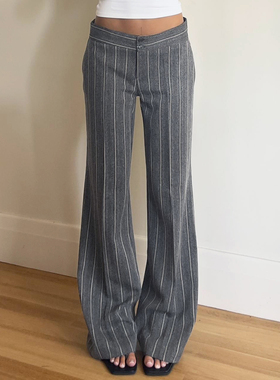 HEYOUNGIRL高智感OL风灰色条纹低腰直筒西装裤通勤气质显瘦长裤女