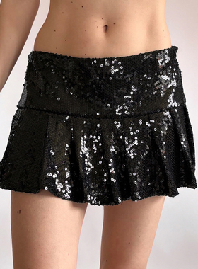 HEYOUNGIRL千禧辣妹亮片设计黑色百褶短裙小众性感百搭A字半裙夏