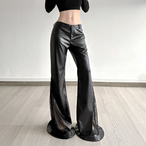 辣妹蕾丝拼接喇叭显瘦低腰PU皮裤