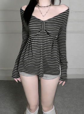 HEYOUNGIRL韩系慵懒感条纹收腰长袖娃娃衫休闲宽松显瘦打底衫上衣