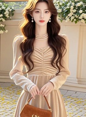 小香风法式丝绒连衣裙2025冬季新款高级感轻奢富家千金蓝色长裙女