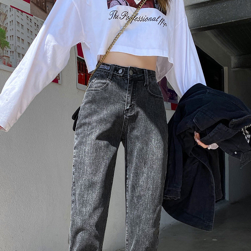 烟灰色牛仔裤女秋冬2020新款高腰直筒宽松显瘦加绒加厚萝卜老爹裤