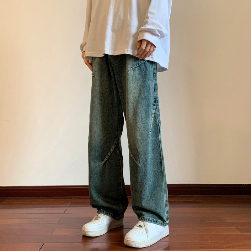 美式高街牛仔裤男生春秋季褶皱拼接设计感潮牌宽松直筒阔腿长裤子,男装牛仔裤,星座515