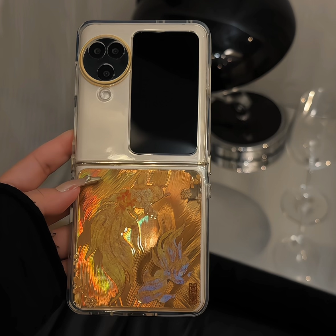 适用OPPOFINDN3FLIP折叠羽纱手机壳新款OPPO折叠屏保护套FINDN2/3FLIP超薄全包防摔桂花金箔锦鲤
