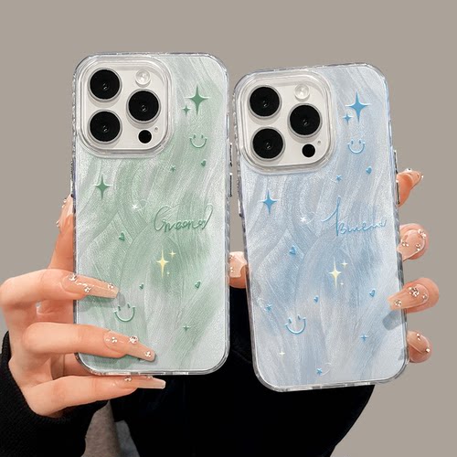 蓝水彩笑脸适用苹果15pro手机壳iphone14可爱小米10创意IMD羽纱卡通vivo红米k70保护套30防摔华为mate60