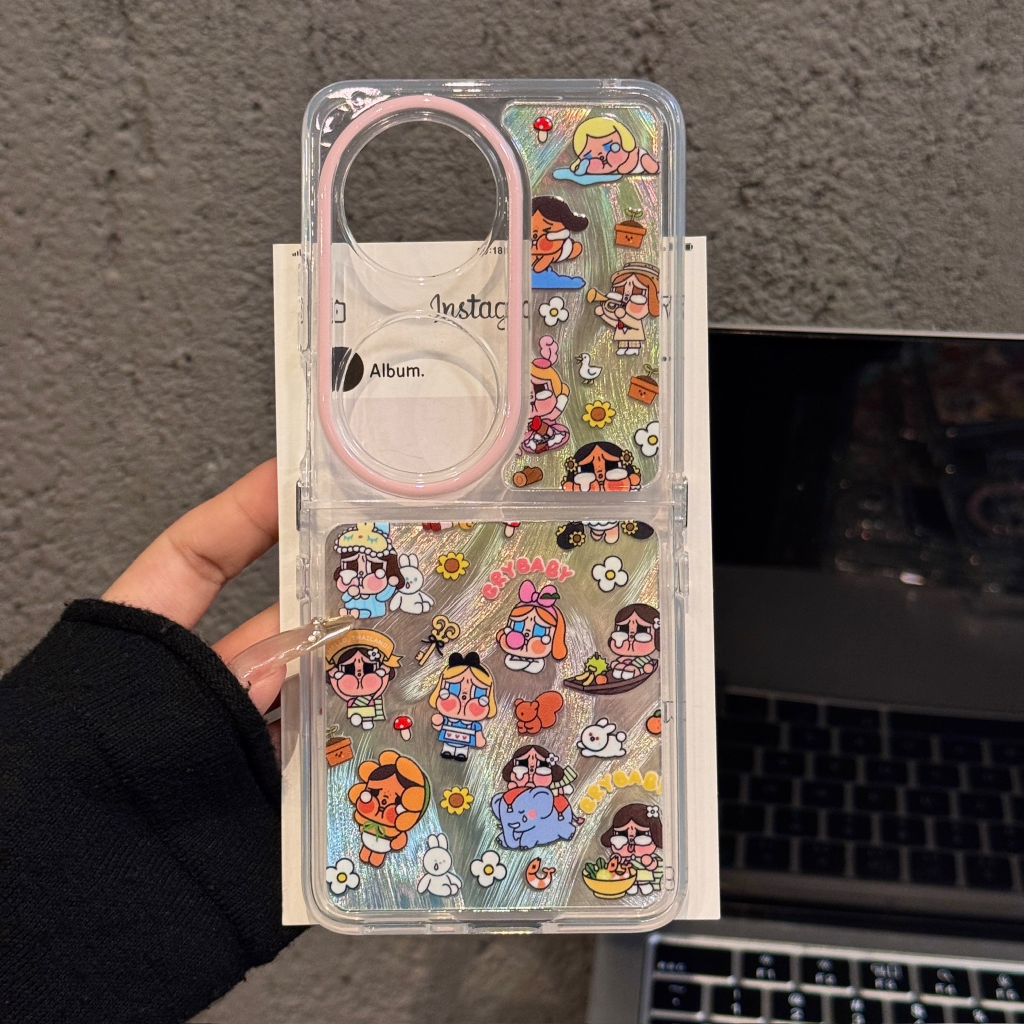 适用华为pocket2折叠羽纱手机壳新款折叠屏ins风保护套P50POCKET超薄pocketS全包防摔满屏涂鸦哭娃