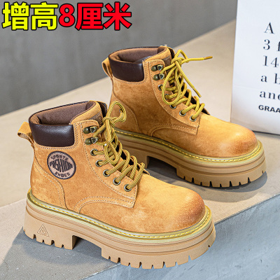 内增高马丁靴女2025新款厚底真皮大黄短靴春秋季英伦风小个子百搭