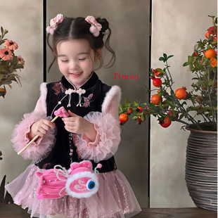 女童套装连衣裙夹棉儿童新中式加绒加厚保暖衣服宝宝冬拜年服童装