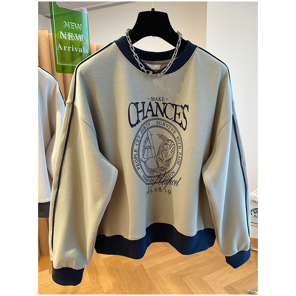 特大码300斤撞色圆领卫衣女秋季上衣