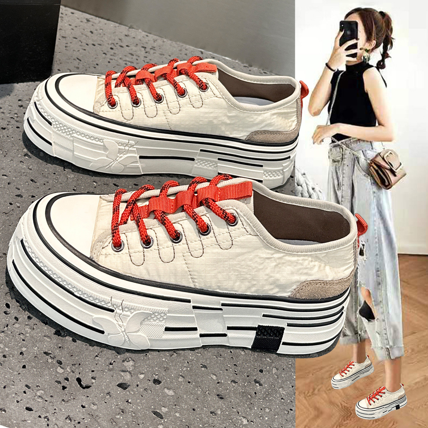 复古帆布小白鞋女款2026夏季新款爆款透气厚底小众高级感休闲板鞋